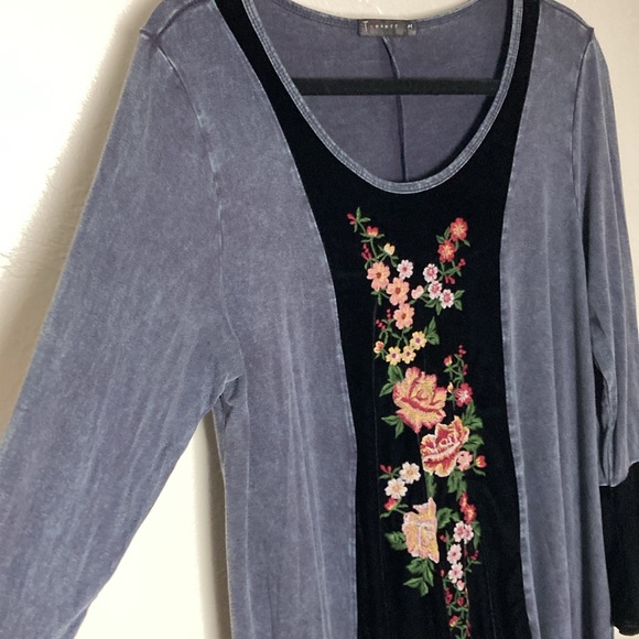 Embroidered Velvet & Stretch Cotton Scoop Neck Long Sleeve Extra Long Top M/L - Picture 3 of 11